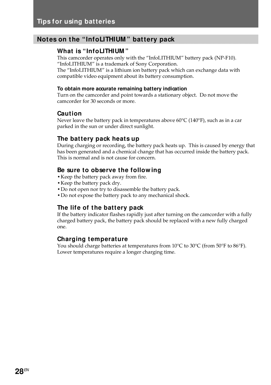 Sony CCD-CR1E manual 28EN, Tips for using batteries 