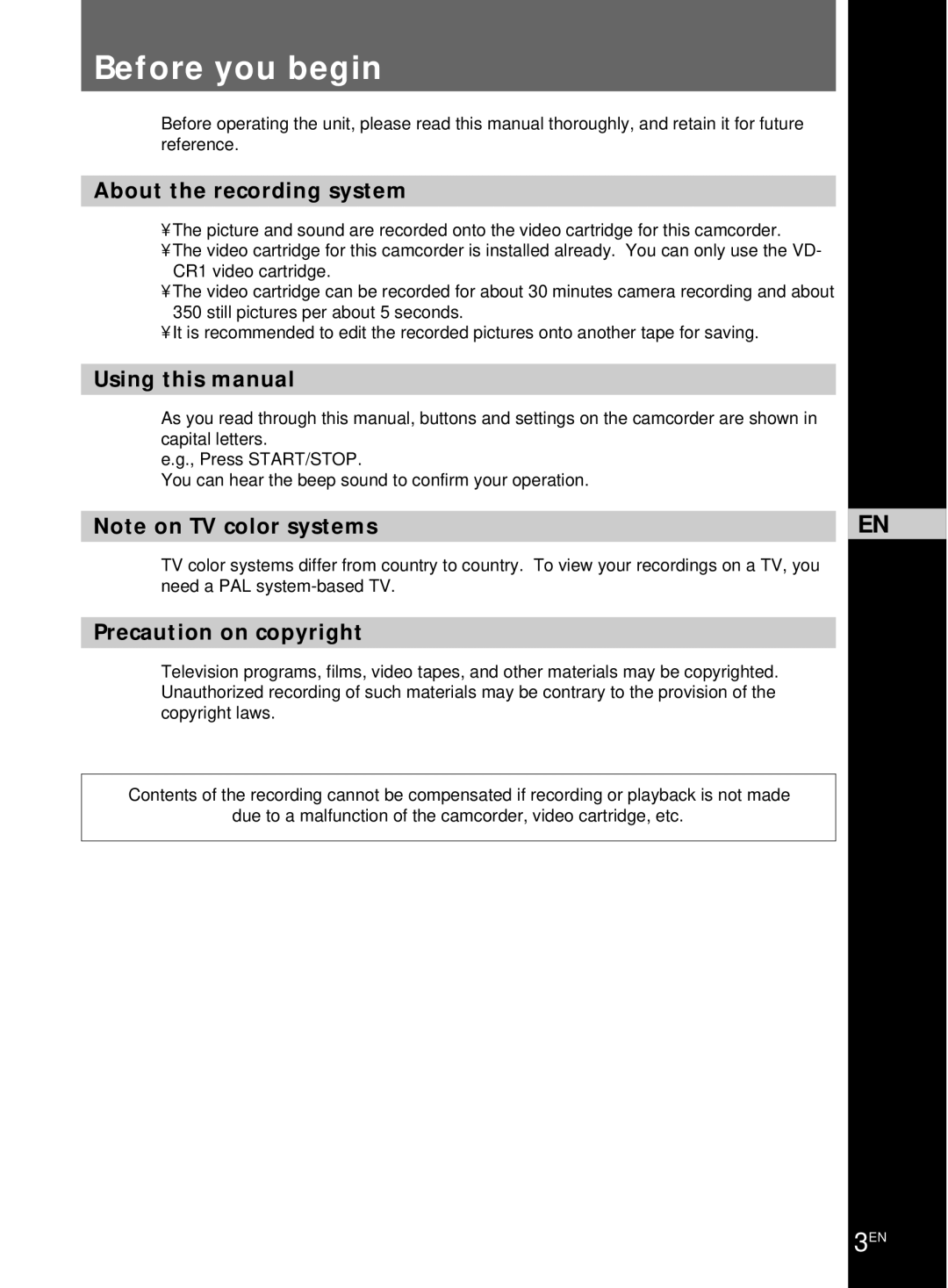 Sony CCD-CR1E Before you begin, About the recording system, Using this manual, Precaution on copyright 