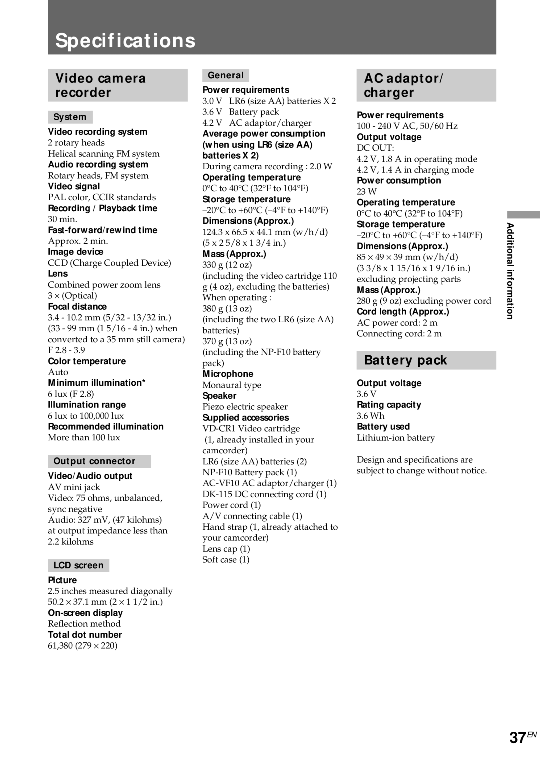 Sony CCD-CR1E manual Specifications, 37EN, Video camera Recorder, AC adaptor Charger, Battery pack 