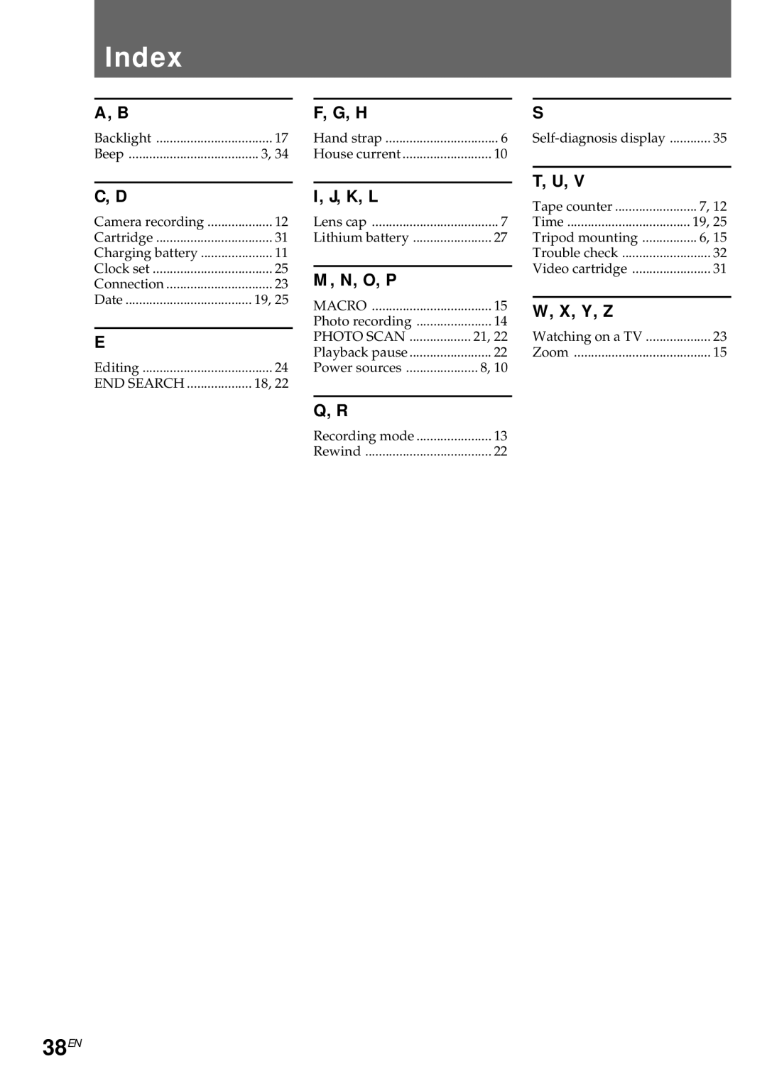 Sony CCD-CR1E manual Index, 38EN 