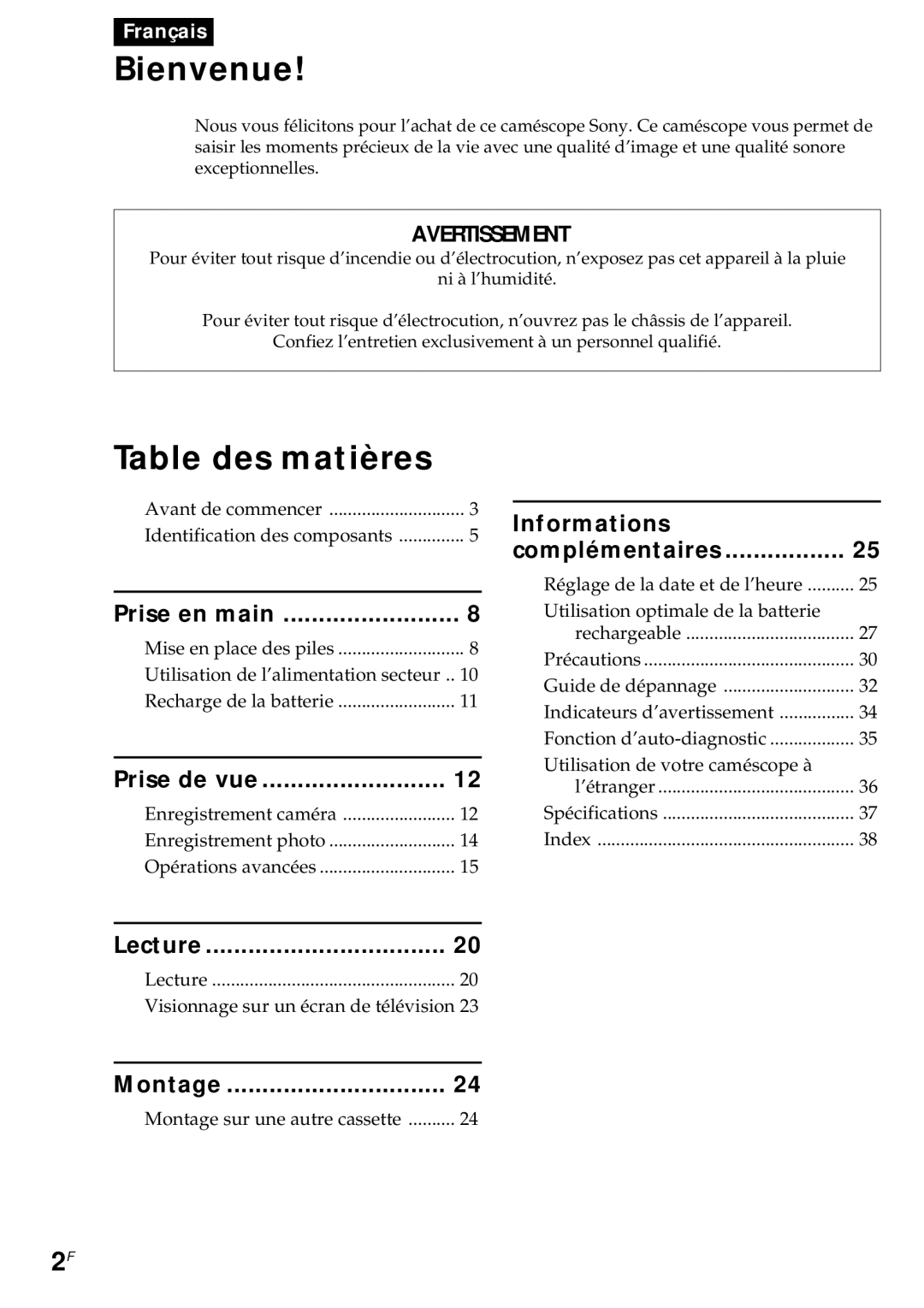 Sony CCD-CR1E manual Bienvenue 