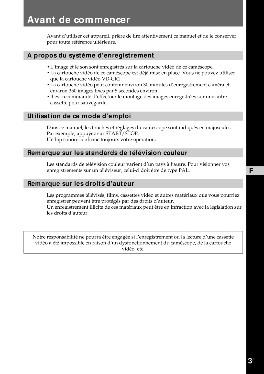 Sony CCD-CR1E manual Avant de commencer, Propos du système d’enregistrement, Utilisation de ce mode d’emploi 