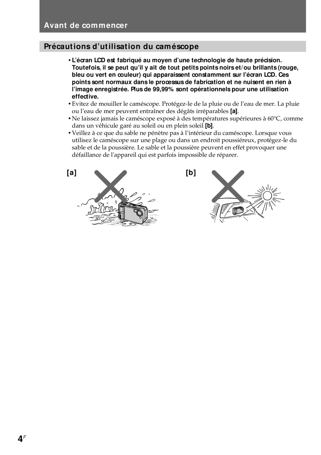 Sony CCD-CR1E manual Avant de commencer, Précautions d’utilisation du caméscope 