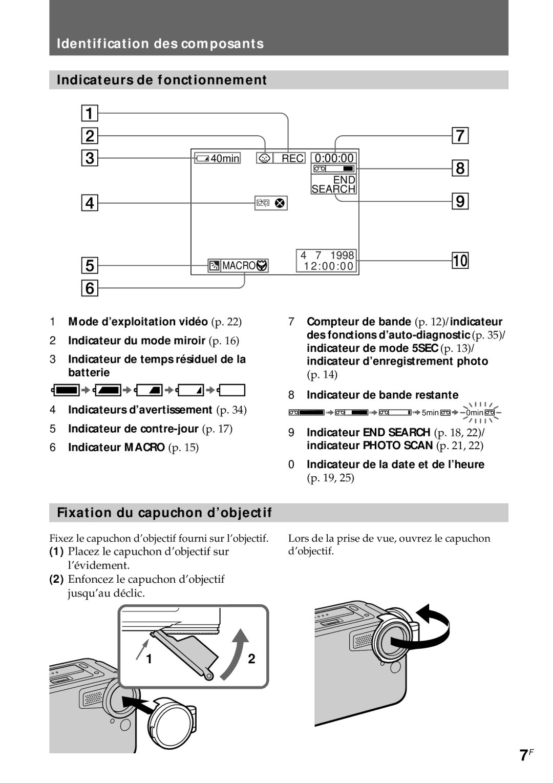 Sony CCD-CR1E manual Indicateurs de fonctionnement, Fixation du capuchon d’objectif 