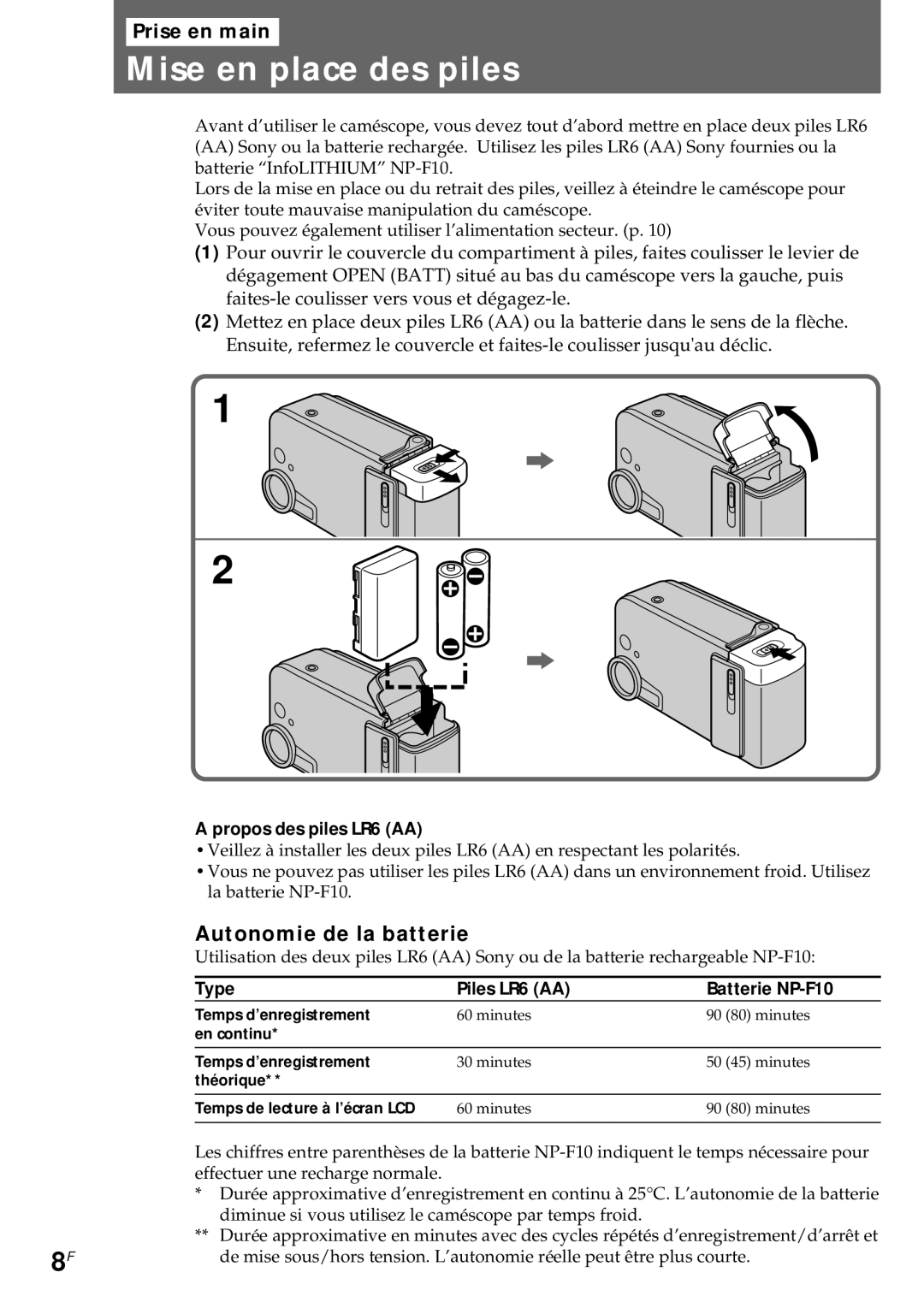 Sony CCD-CR1E manual Mise en place des piles, Autonomie de la batterie, Propos des piles LR6 AA 