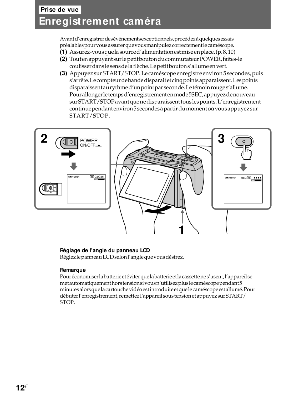 Sony CCD-CR1E manual Enregistrement caméra, 12F, Réglage de l’angle du panneau LCD 