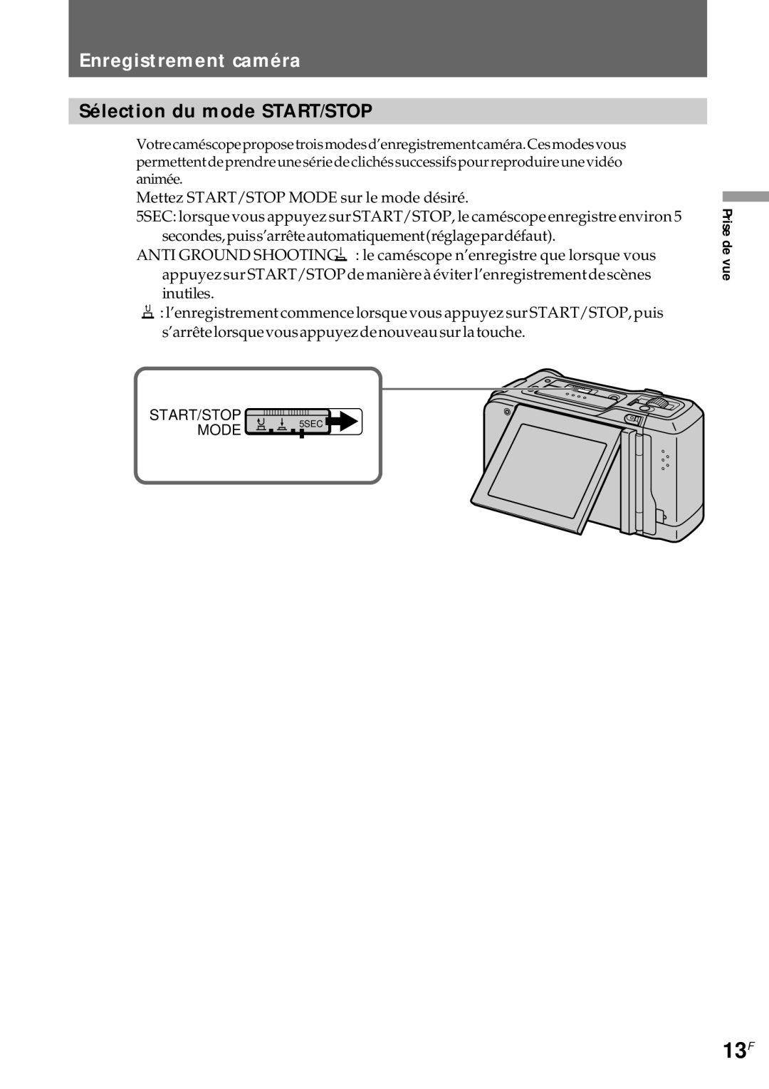 Sony CCD-CR1E manual 13F, Enregistrement caméra, Sélection du mode START/STOP 