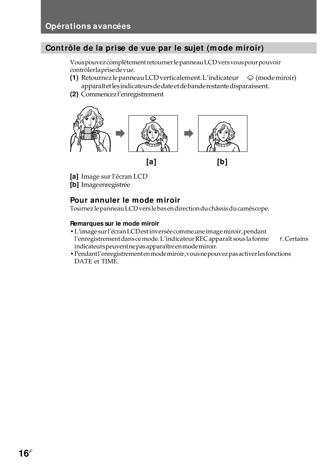 Sony CCD-CR1E 16F, Opérations avancées, Contrôle de la prise de vue par le sujet mode miroir, Pour annuler le mode miroir 