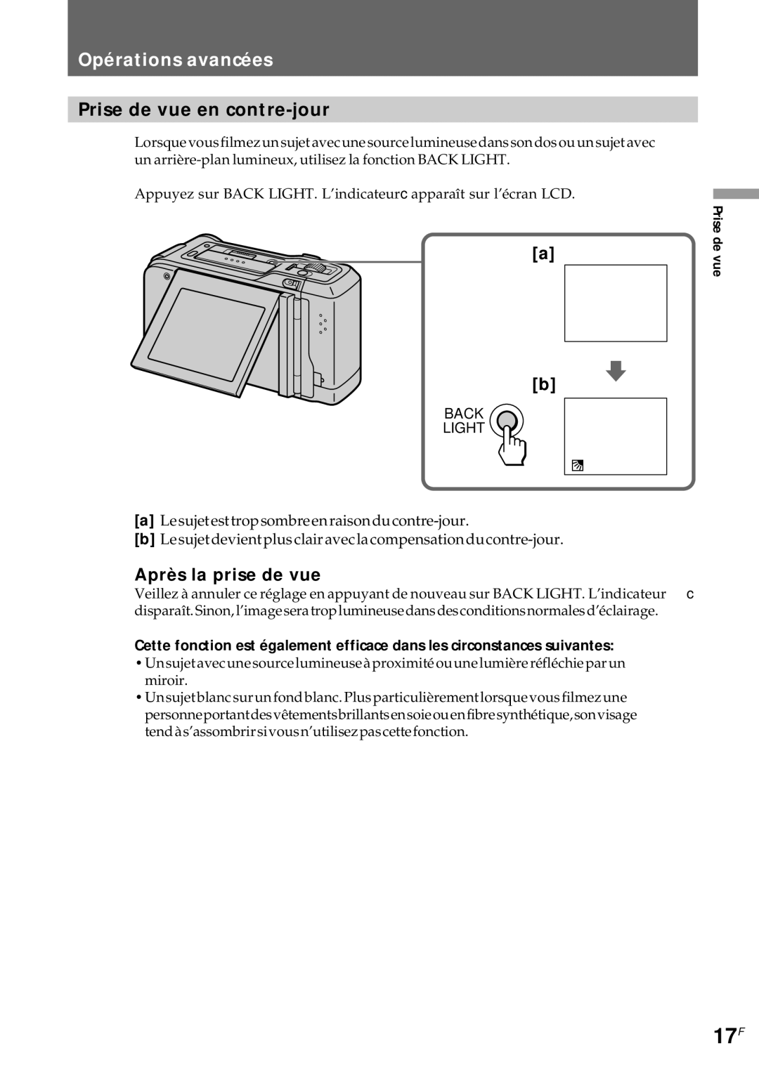 Sony CCD-CR1E manual 17F, Prise de vue en contre-jour, Après la prise de vue 