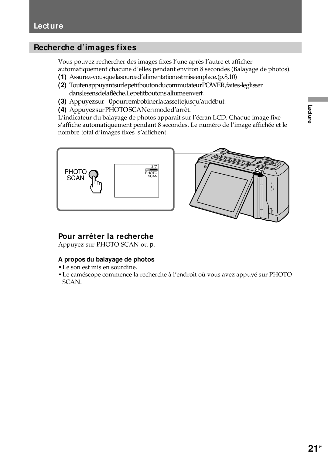 Sony CCD-CR1E manual 21F, Lecture, Recherche d’images fixes, Pour arrêter la recherche, Propos du balayage de photos 