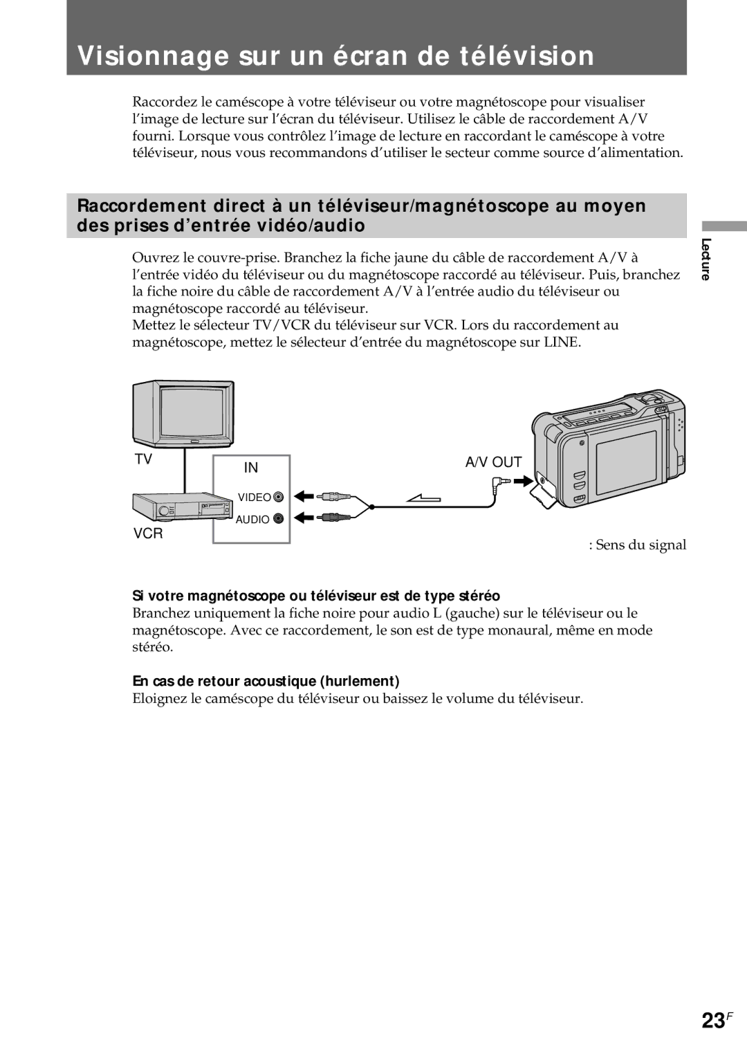 Sony CCD-CR1E manual Visionnage sur un écran de télévision, 23F, Si votre magnétoscope ou téléviseur est de type stéréo 