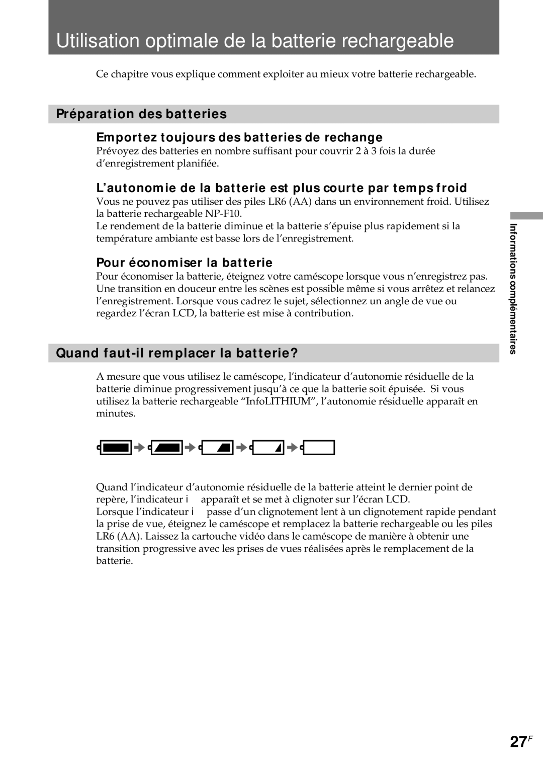 Sony CCD-CR1E manual Utilisation optimale de la batterie rechargeable, 27F, Pour économiser la batterie 