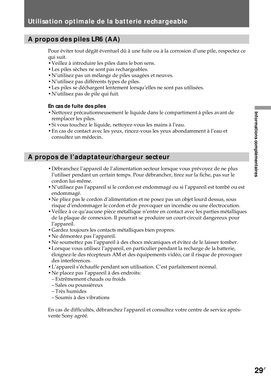 Sony CCD-CR1E manual 29F, Propos des piles LR6 AA, Propos de l’adaptateur/chargeur secteur, En cas de fuite des piles 