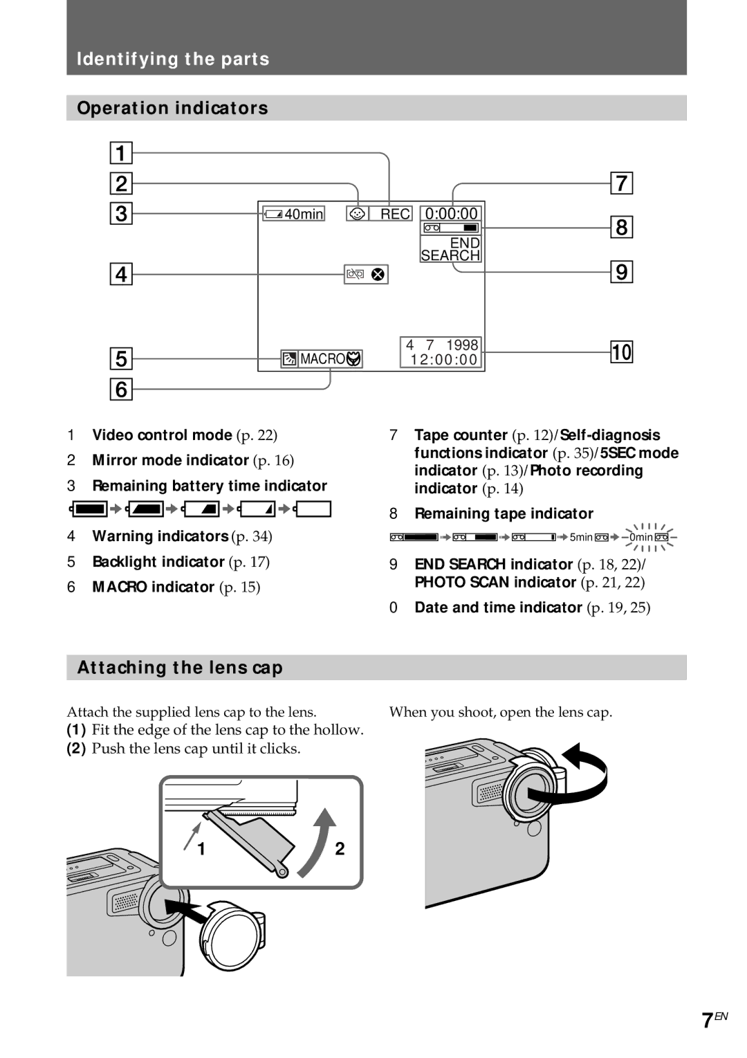 Sony CCD-CR1E manual Operation indicators, Attaching the lens cap 