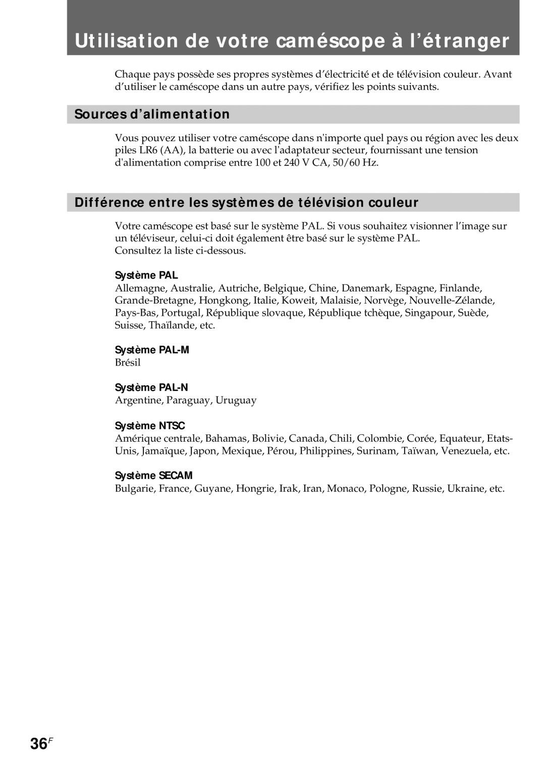 Sony CCD-CR1E manual Utilisation de votre caméscope à l’étranger, 36F, Sources d’alimentation 