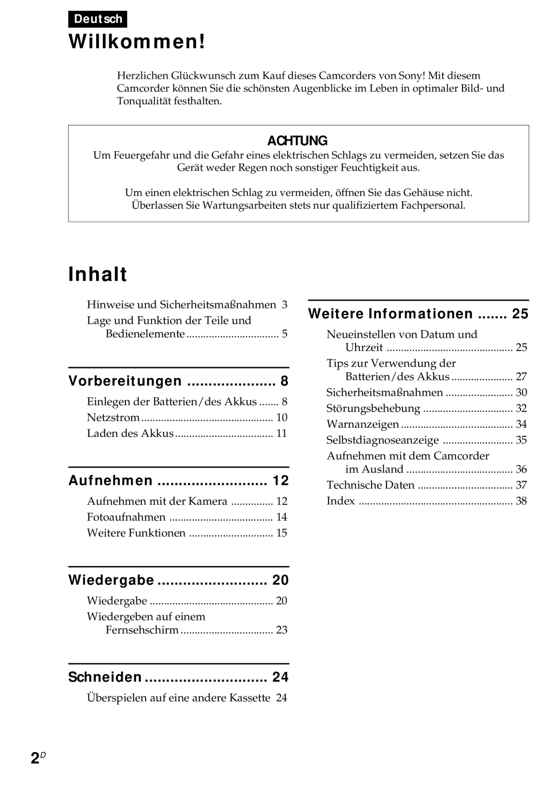 Sony CCD-CR1E manual Willkommen 