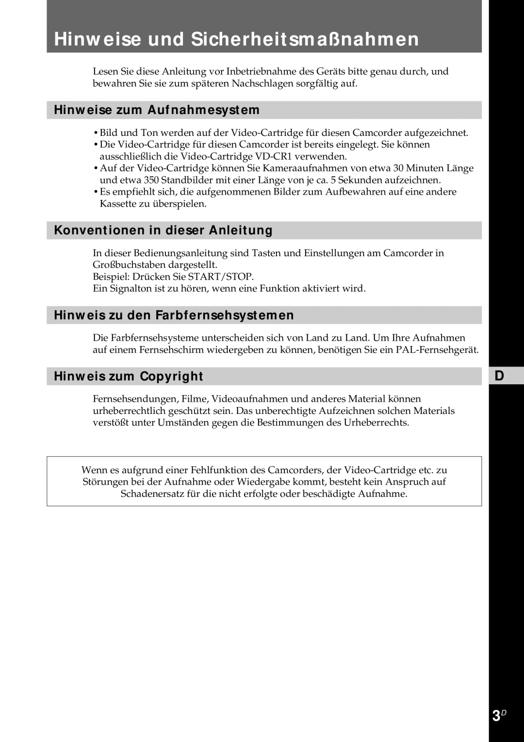 Sony CCD-CR1E manual Hinweise und Sicherheitsmaßnahmen, Hinweise zum Aufnahmesystem, Konventionen in dieser Anleitung 