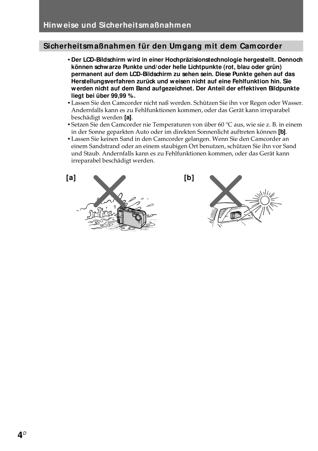 Sony CCD-CR1E manual Hinweise und Sicherheitsmaßnahmen, Sicherheitsmaßnahmen für den Umgang mit dem Camcorder 