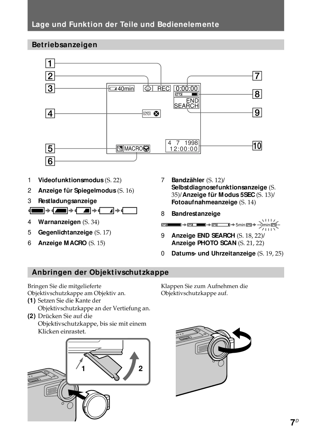 Sony CCD-CR1E manual Betriebsanzeigen, Anbringen der Objektivschutzkappe 