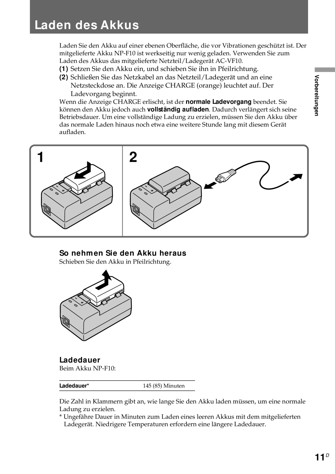 Sony CCD-CR1E manual Laden des Akkus, 11D, So nehmen Sie den Akku heraus, Ladedauer 