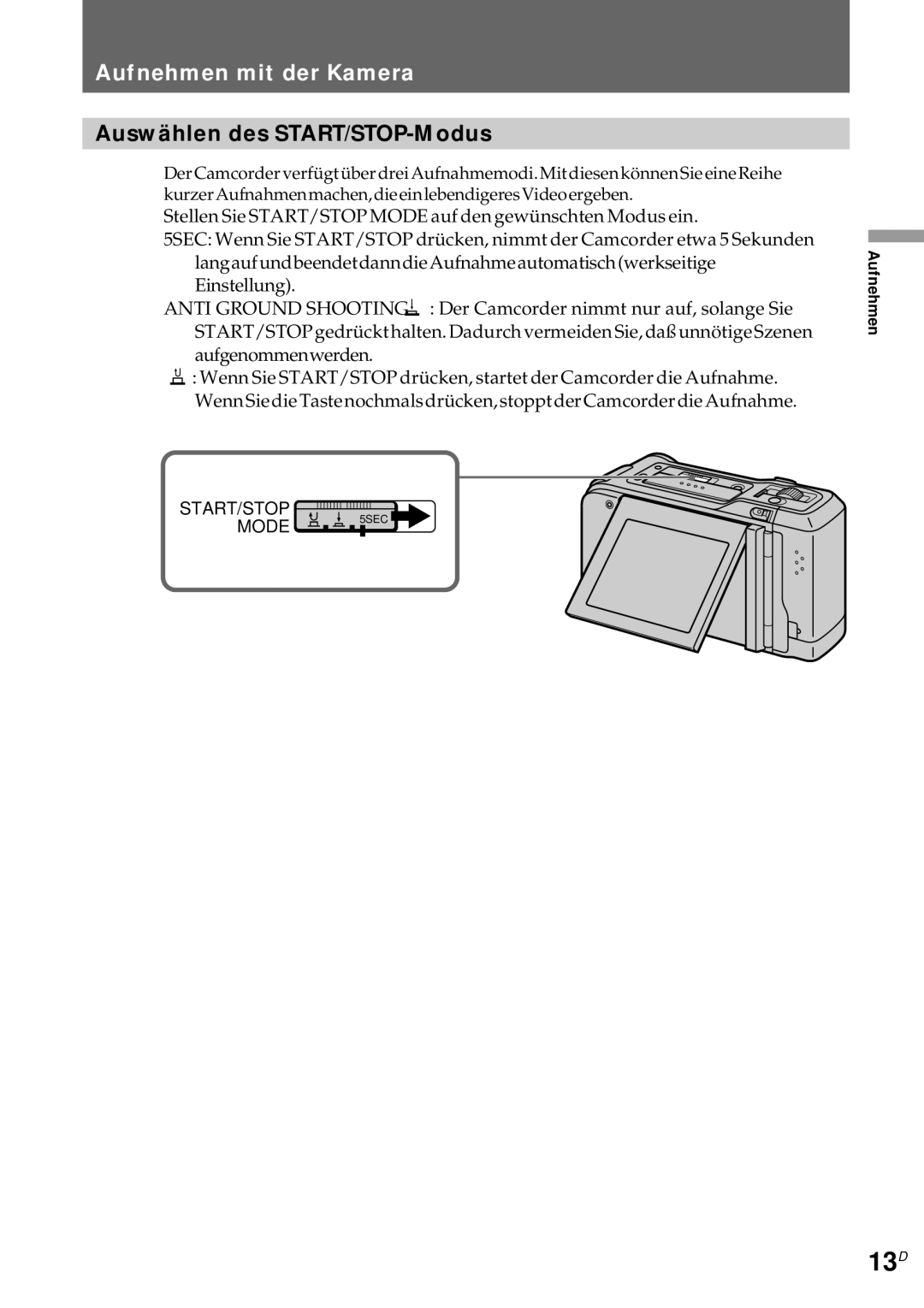 Sony CCD-CR1E manual 13D, Aufnehmen mit der Kamera, Auswählen des START/STOP-Modus 