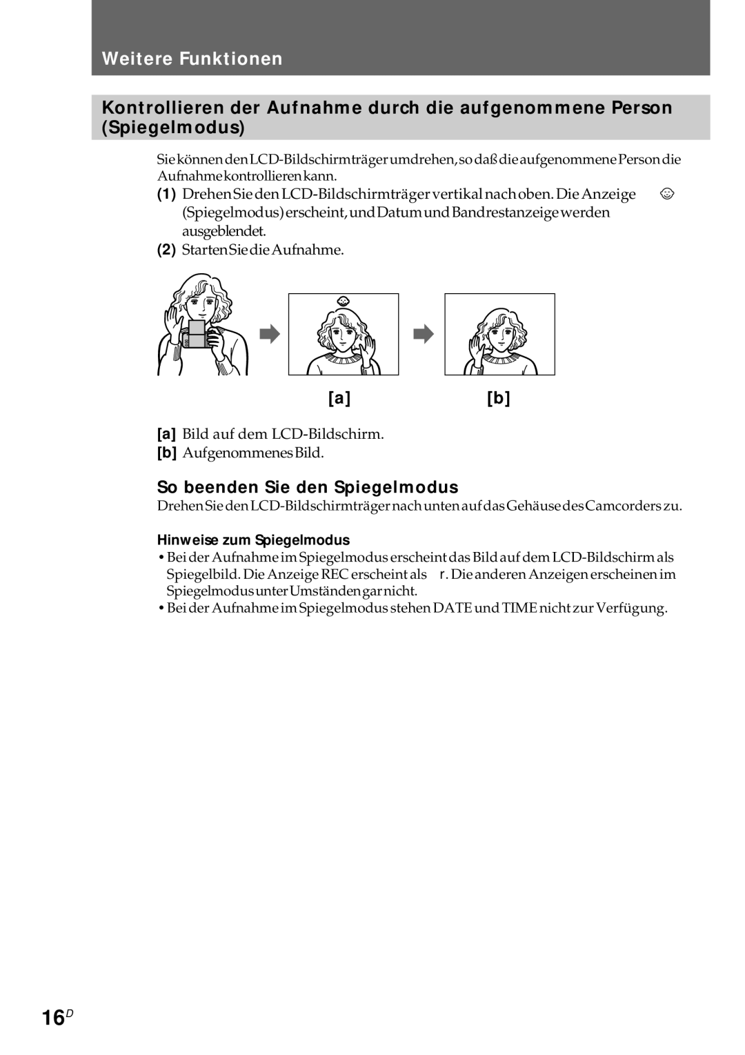 Sony CCD-CR1E manual 16D, Weitere Funktionen, So beenden Sie den Spiegelmodus, Hinweise zum Spiegelmodus 