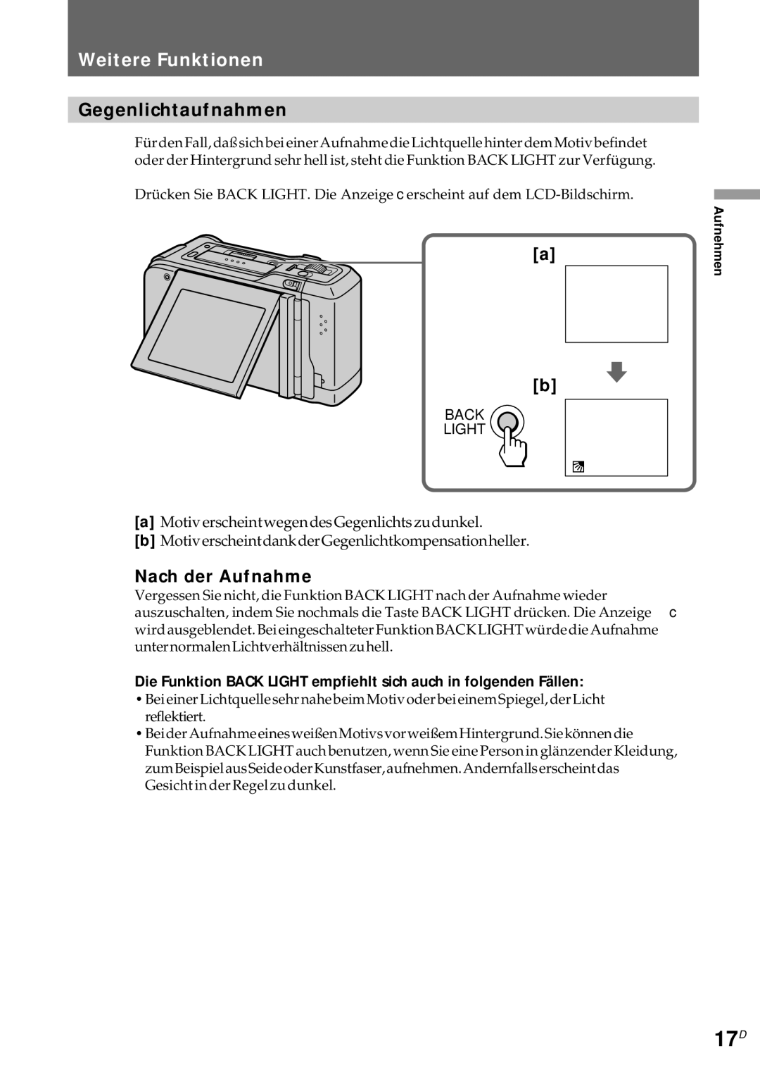 Sony CCD-CR1E manual 17D, Gegenlichtaufnahmen, Nach der Aufnahme 