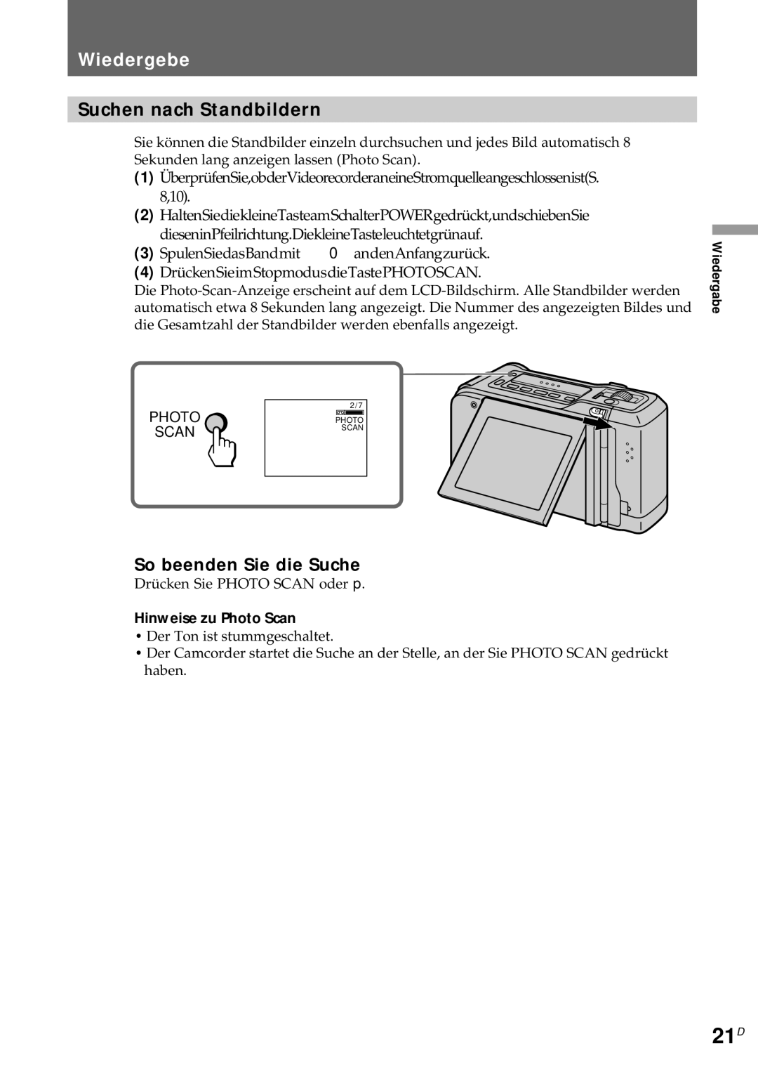 Sony CCD-CR1E manual 21D, Wiedergebe, Suchen nach Standbildern, So beenden Sie die Suche, Hinweise zu Photo Scan 