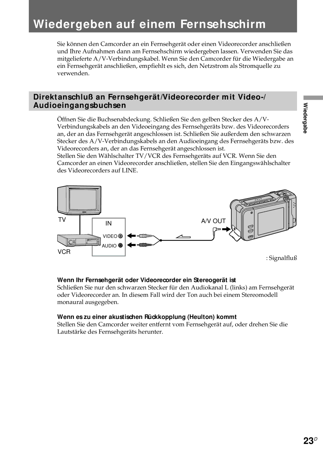 Sony CCD-CR1E manual Wiedergeben auf einem Fernsehschirm, 23D, Wenn es zu einer akustischen Rückkopplung Heulton kommt 