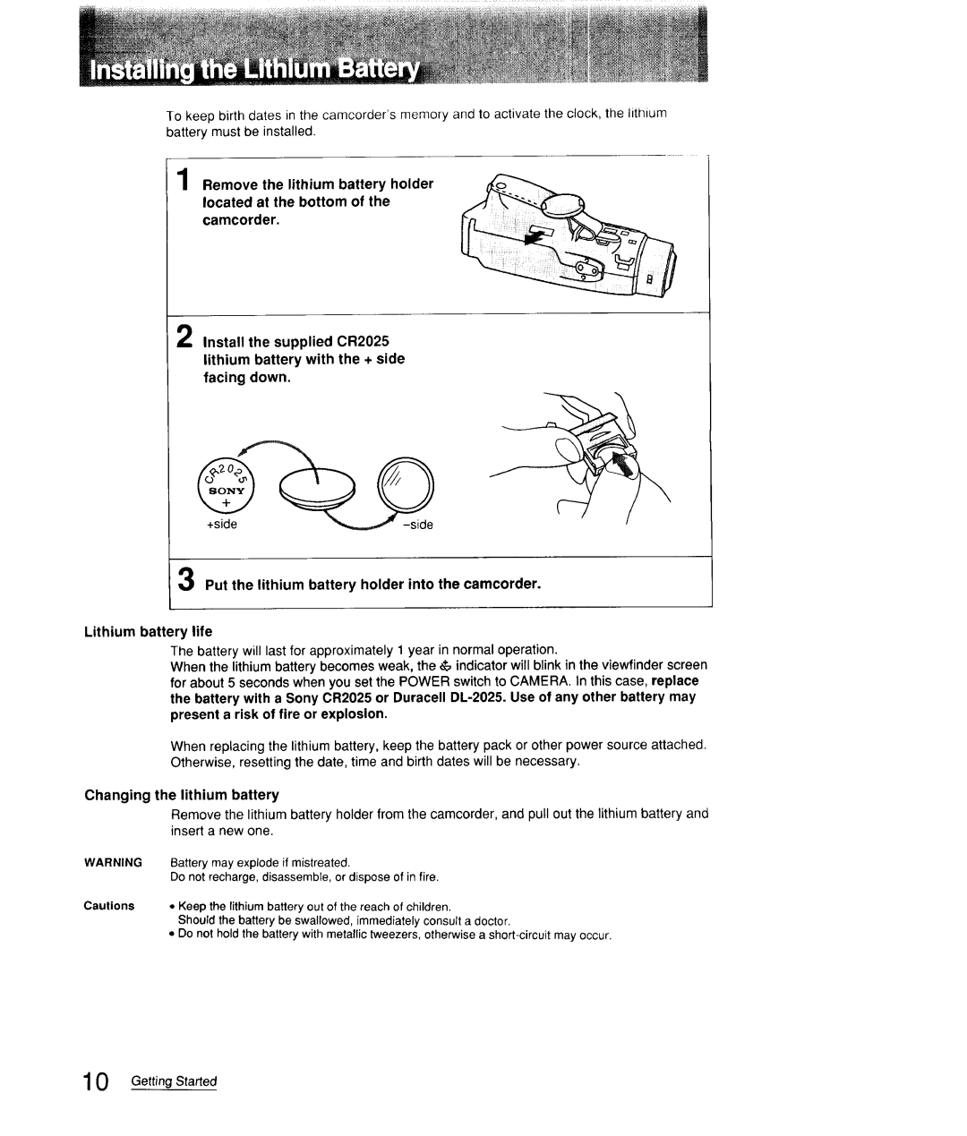 Sony CCD-FX310 operation manual Changing the lithium battery 