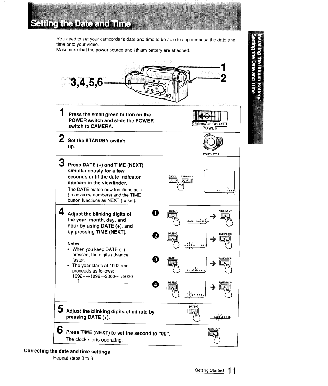 Sony CCD-FX310 Adjust the blinking digits of minute by pressing Date +, Press Time Next to set the second to 