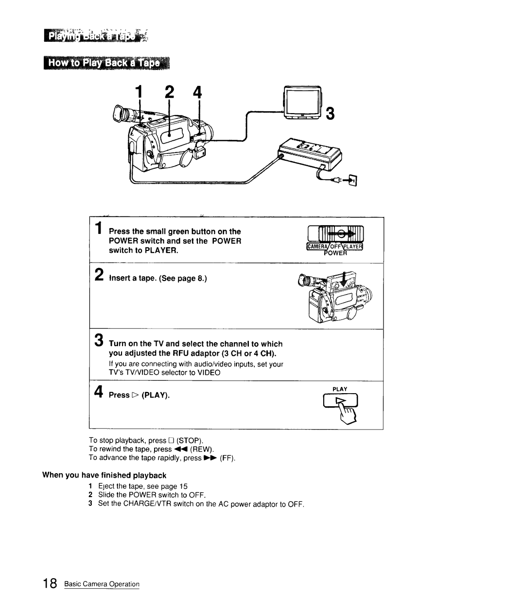 Sony CCD-FX310 operation manual Insert a tape. See, Press Play, When you have finished playback Eject the tape, see 