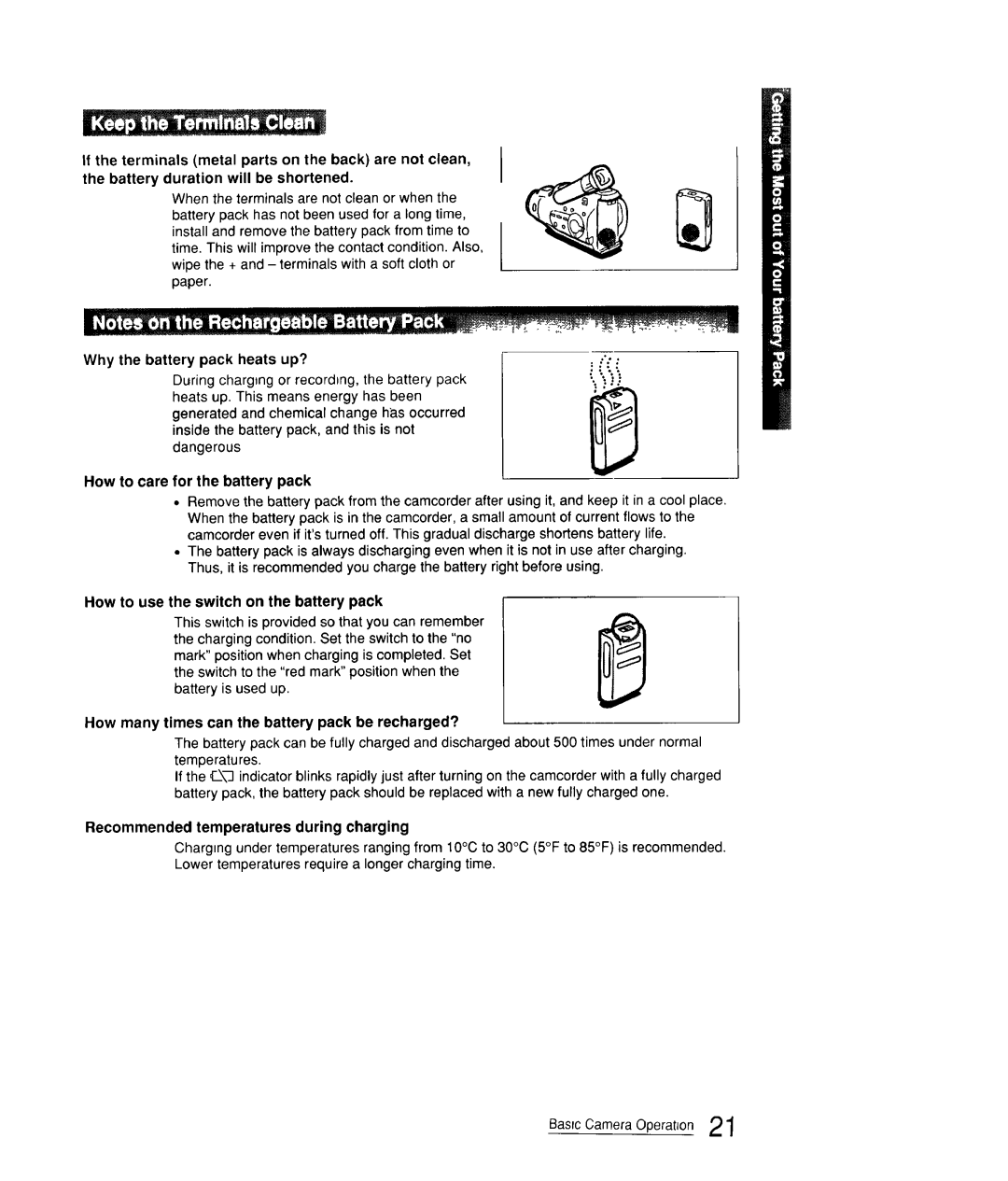 Sony CCD-FX310 operation manual Why the battery pack heats up?, How to use the switch on the battery pack 