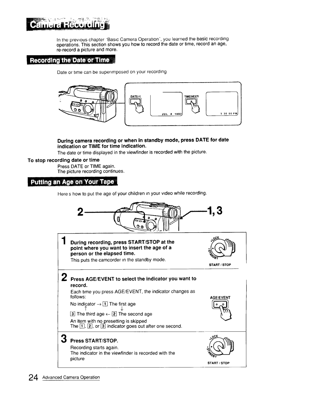 Sony CCD-FX310 operation manual Press AGE/EVENT to select the indicator you want to record, Press START/STOP 