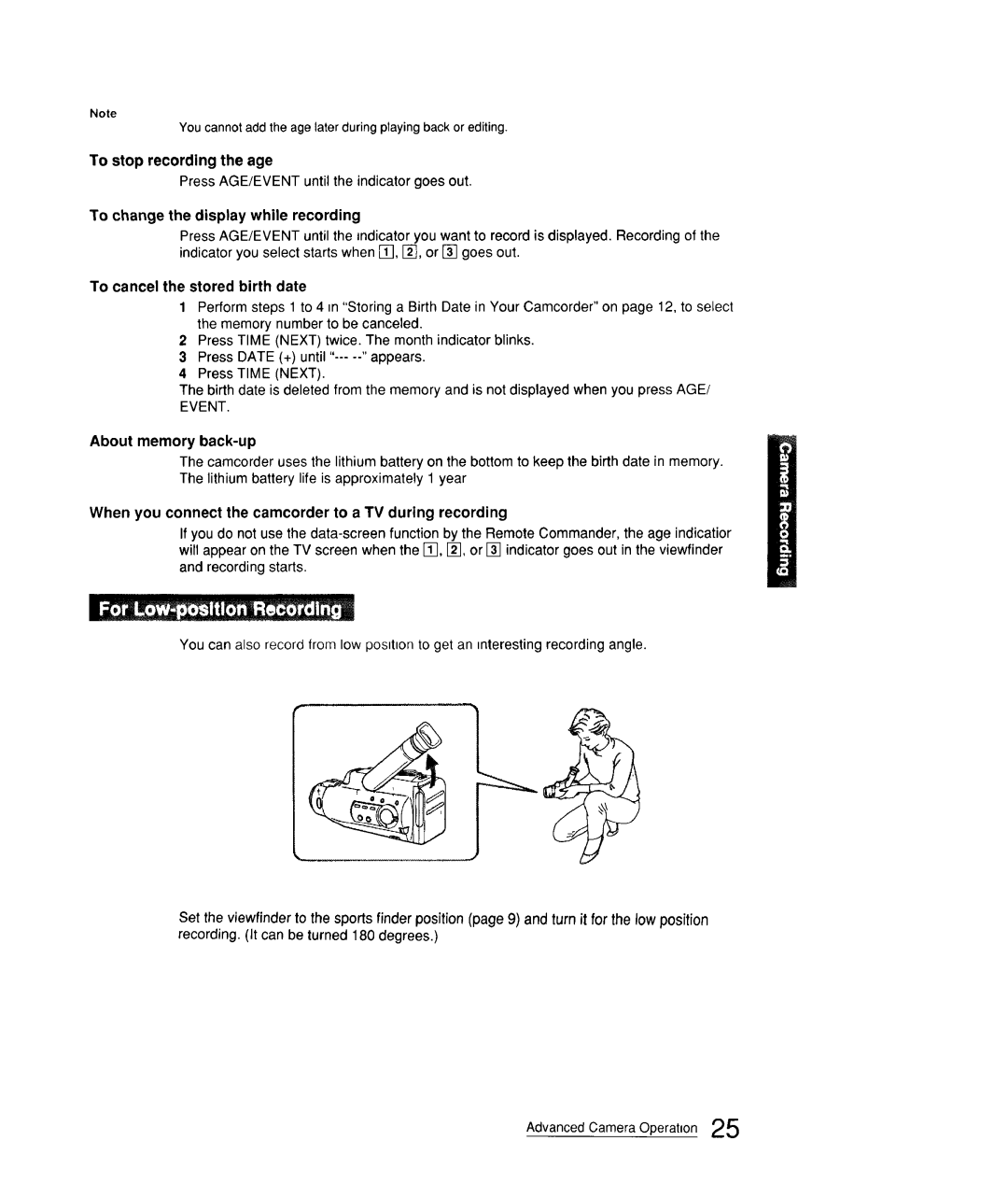 Sony CCD-FX310 To stop recording the age, To change the display while recording, To cancel the stored birth date 