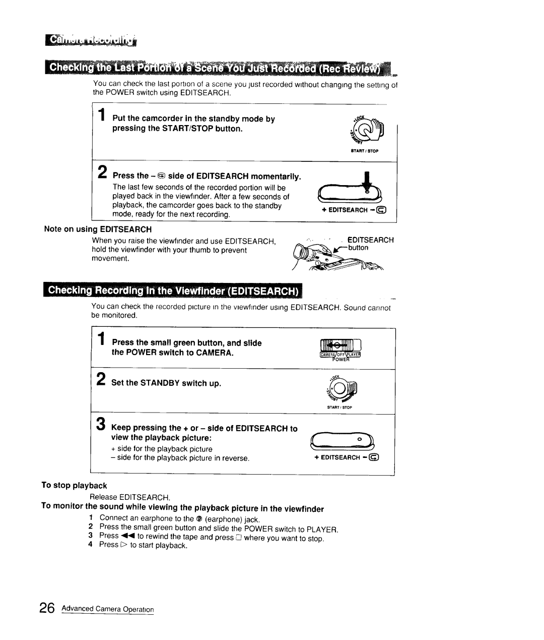 Sony CCD-FX310 operation manual Press the side of Editsearch momentarily, Hold the viewfinderwith yourthumb to prevent 