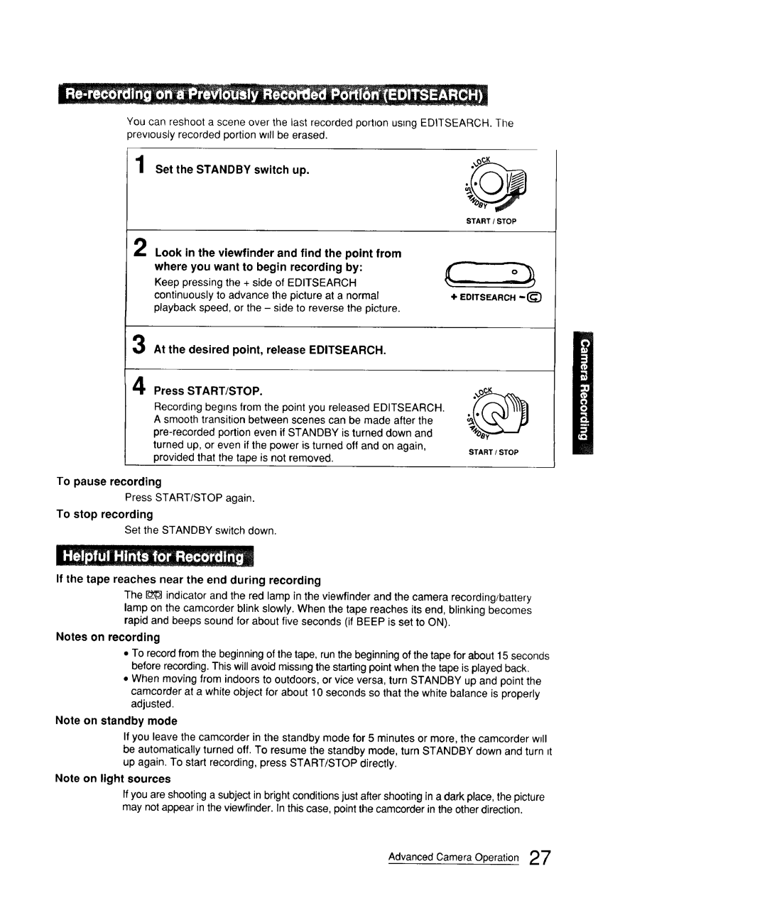 Sony CCD-FX310 operation manual At the desired point, release Editsearch Press START/STOP, To pause recording 