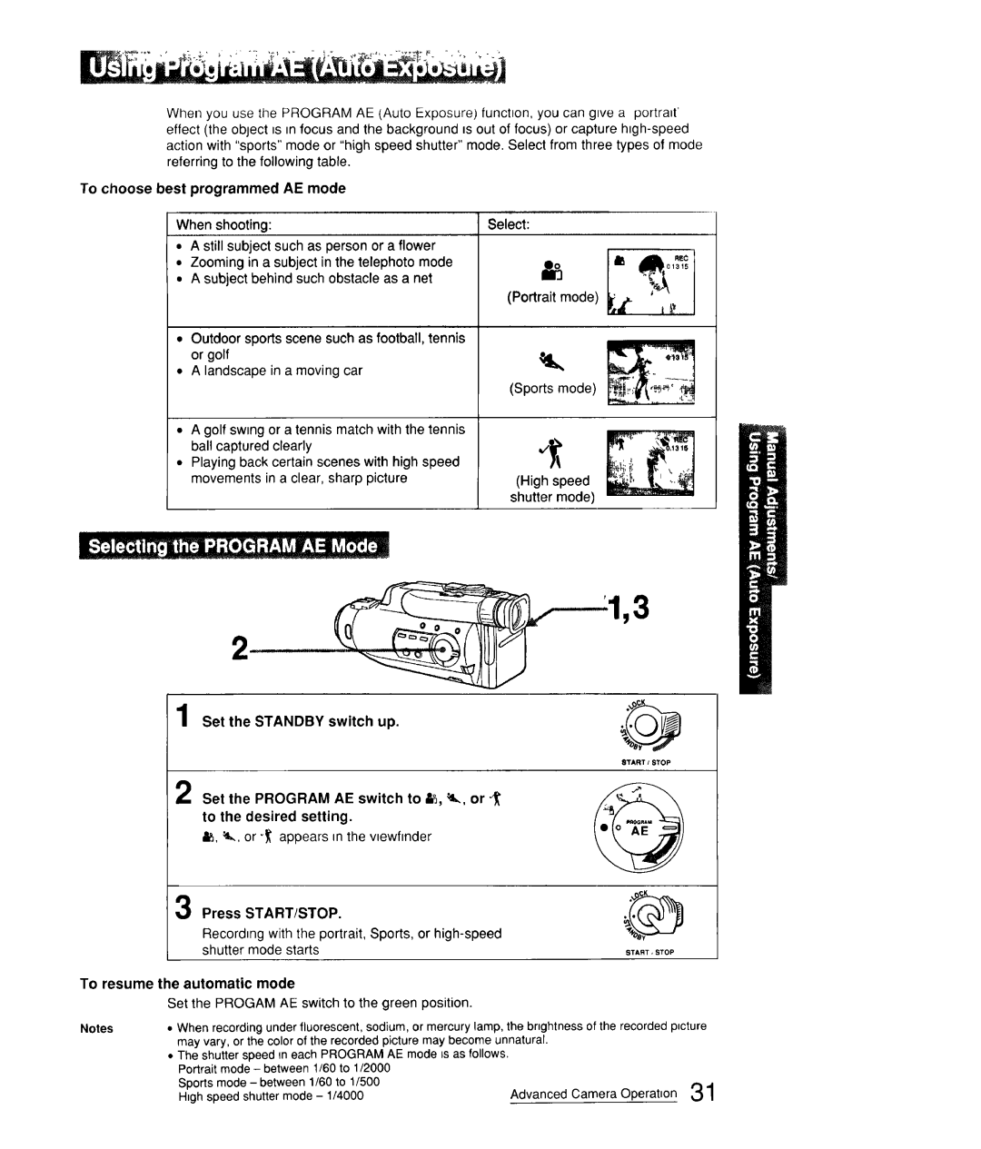 Sony CCD-FX310 To choose best programmed AE mode, Sports mode, Set the Program AE switch to To the desired setting 