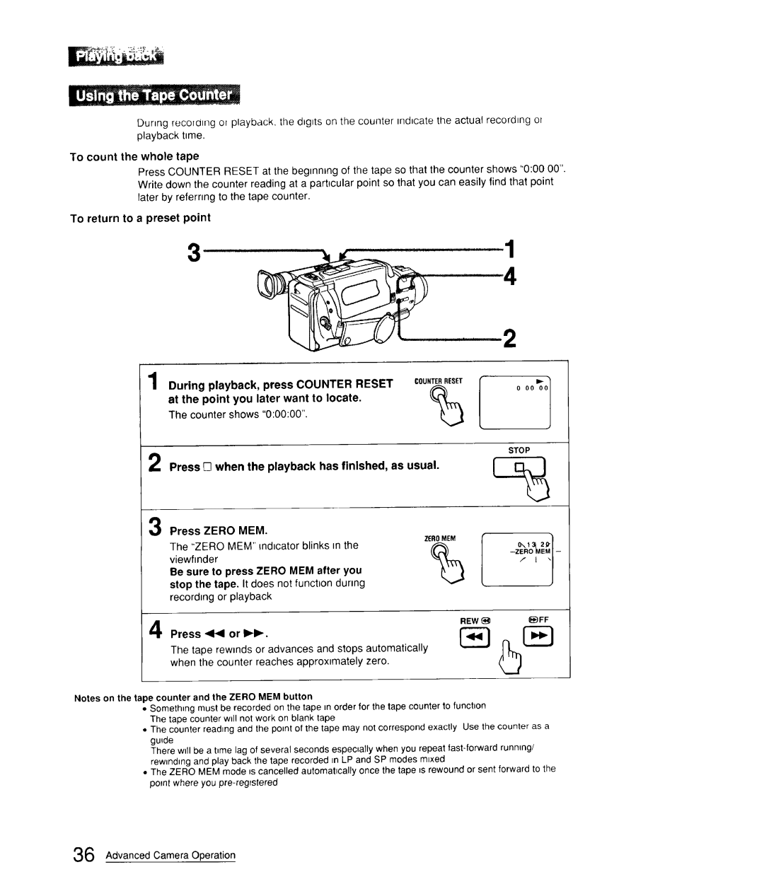 Sony CCD-FX310 operation manual Press 11or IH, At the point you later want to locate, Counter shows, Press Zero MEM 