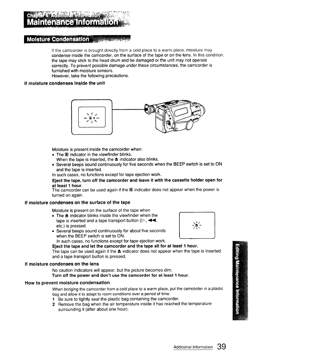 Sony CCD-FX310 operation manual If moisture condenses Inside the unit, If moisture condenses on the surface of the tape 