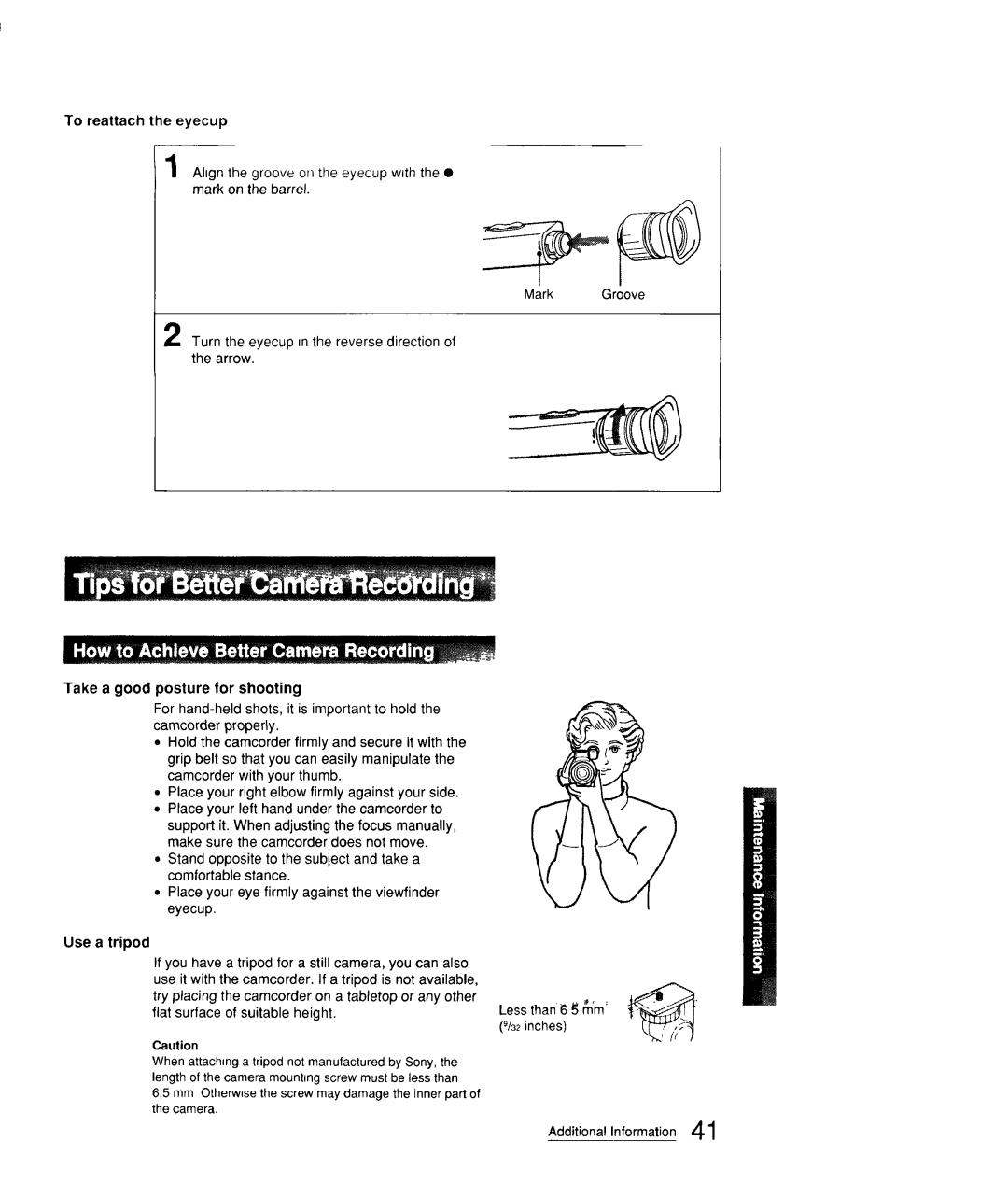 Sony CCD-FX310 operation manual To reattach the eyecup, Take a good posture for shooting 