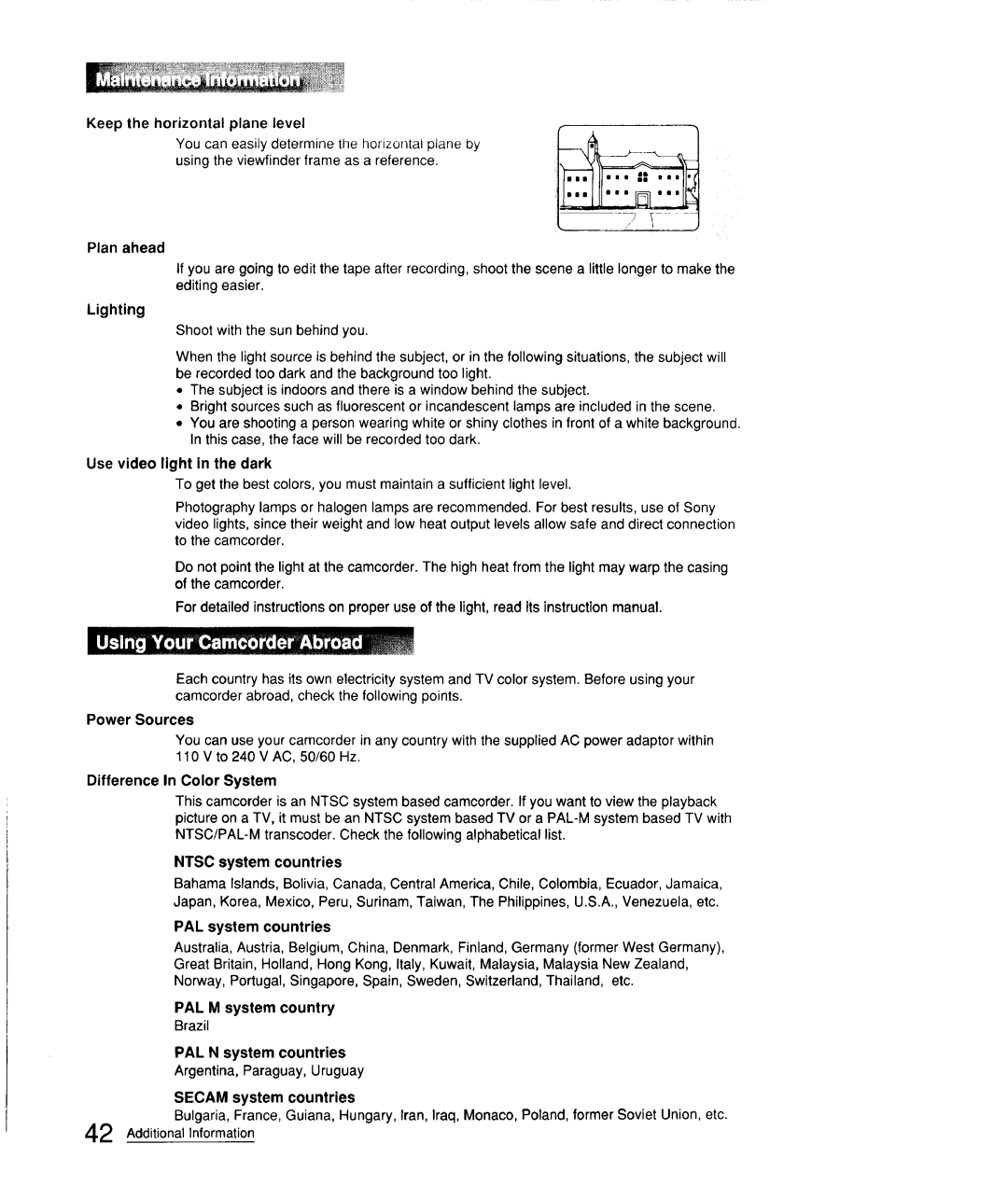 Sony CCD-FX310 Plan ahead, Lighting, Difference In Color System, Ntsc system countries, Secam system countries 