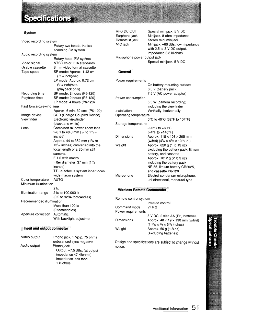 Sony CCD-FX310 operation manual System, Input and output O.etbr, General, Wireless Ra mad 