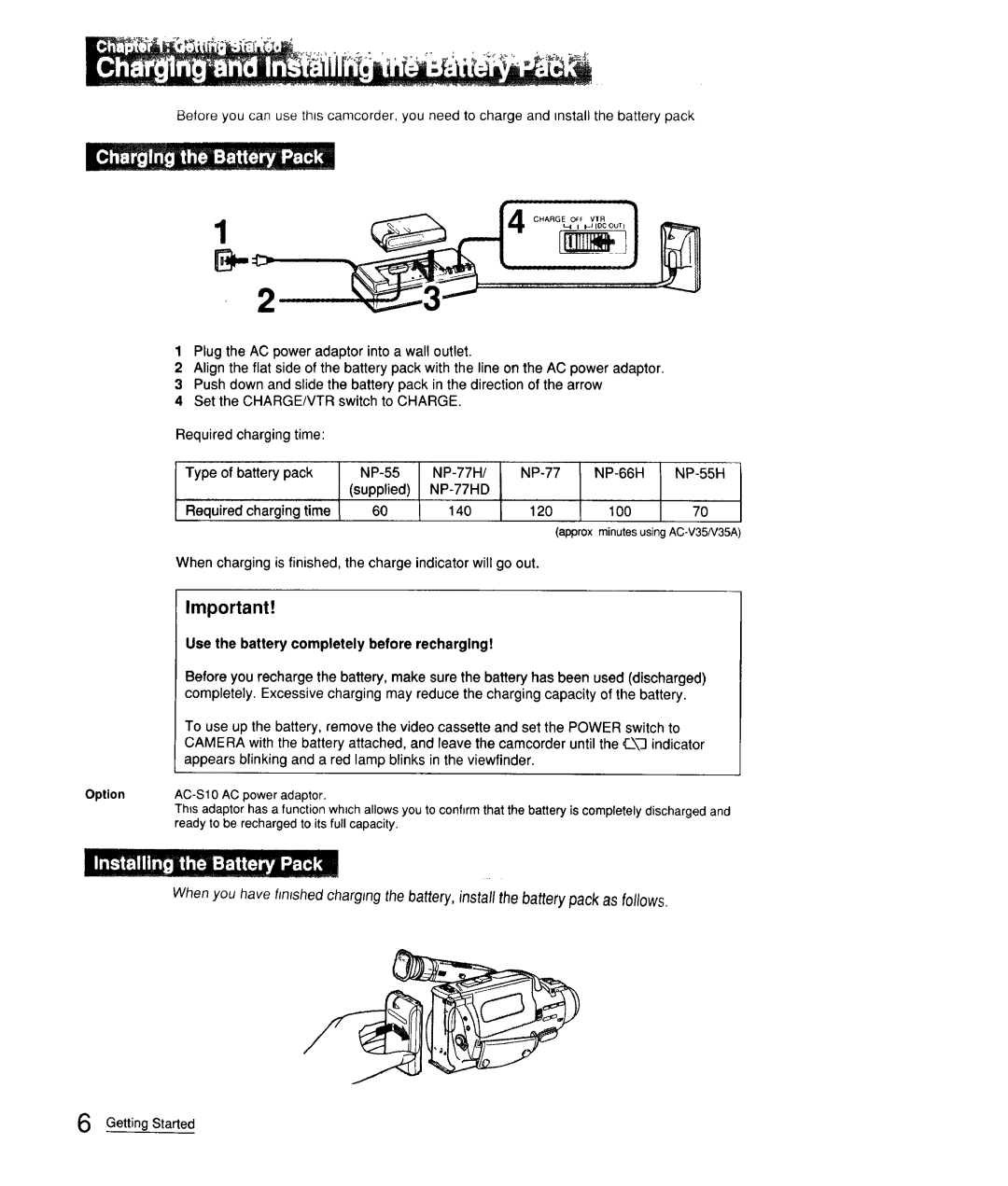 Sony CCD-FX310 operation manual Use the battery completely before recharging 