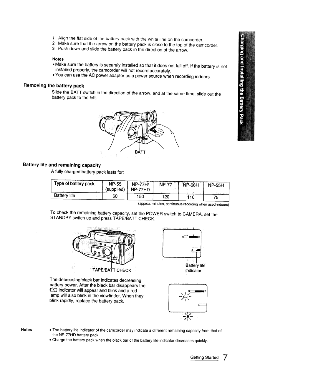 Sony CCD-FX310 operation manual Battery life and remaining capacity, 110 