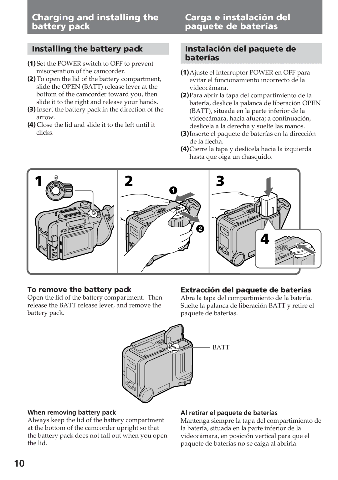 Sony CCD-SC55 Installing the battery pack, Instalación del paquete de Baterías, Extracción del paquete de baterías 