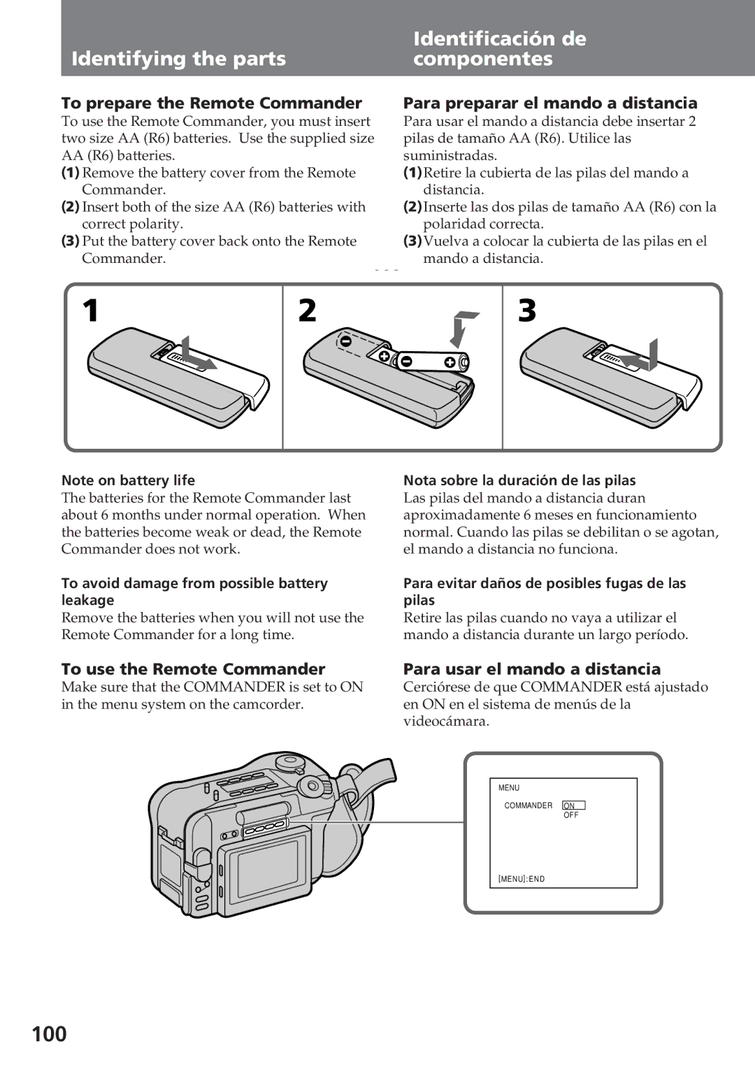 Sony CCD-SC55 To prepare the Remote Commander, Para preparar el mando a distancia, To use the Remote Commander 