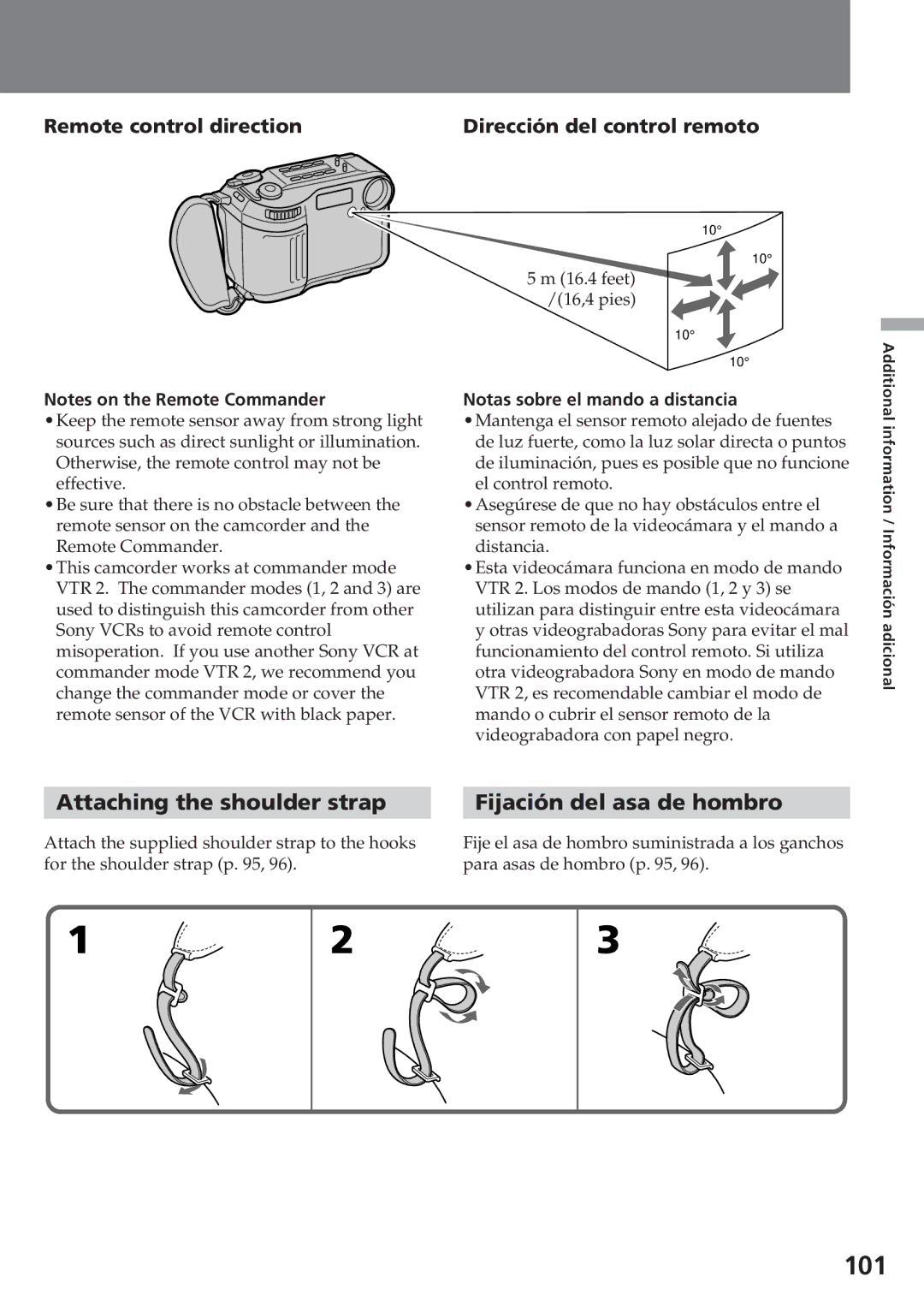 Sony CCD-SC55 operating instructions Attaching the shoulder strap, Fijación del asa de hombro 