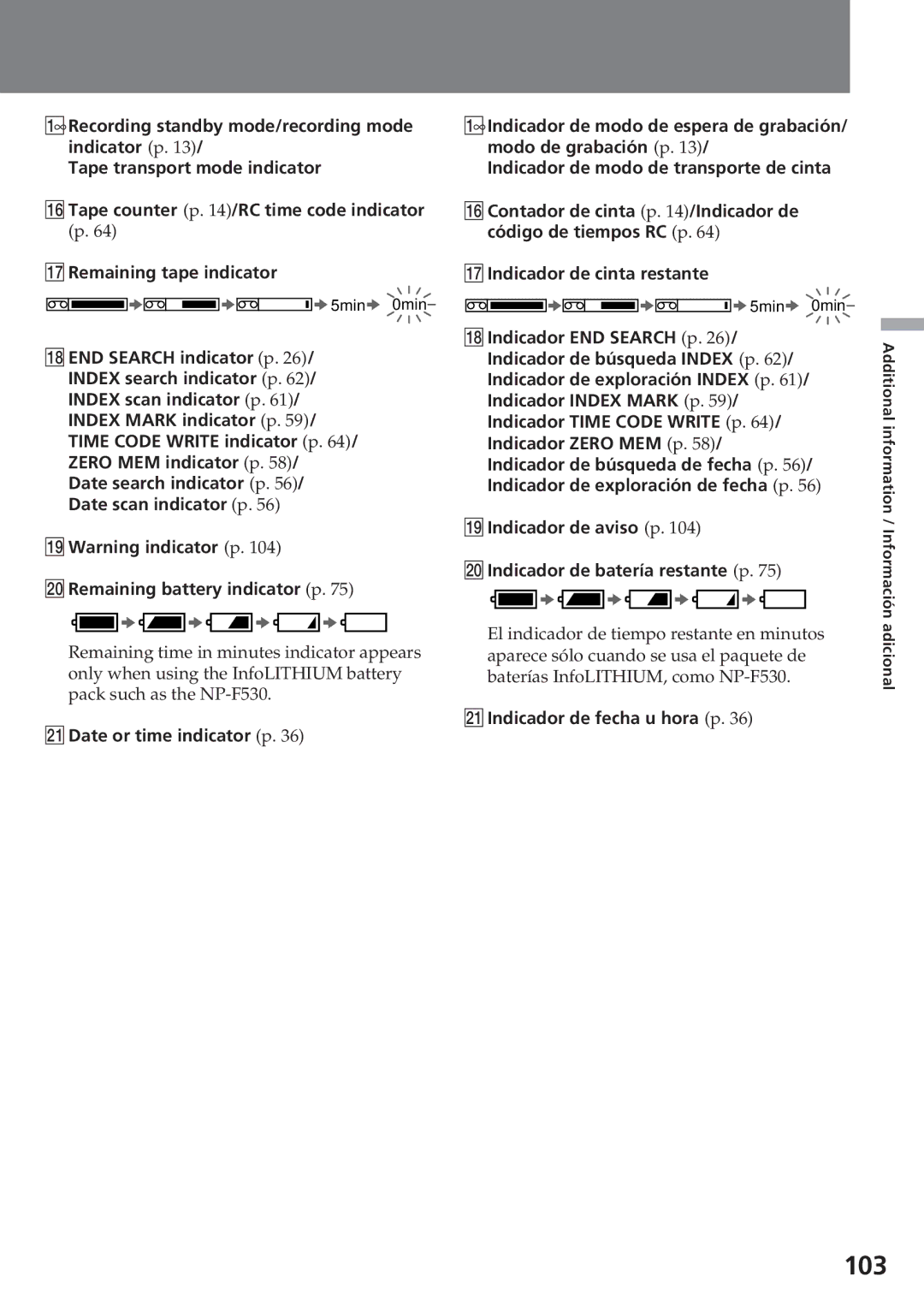 Sony CCD-SC55 operating instructions »Indicador de aviso p @¼Indicador de batería restante p, @ÁIndicador de fecha u hora p 