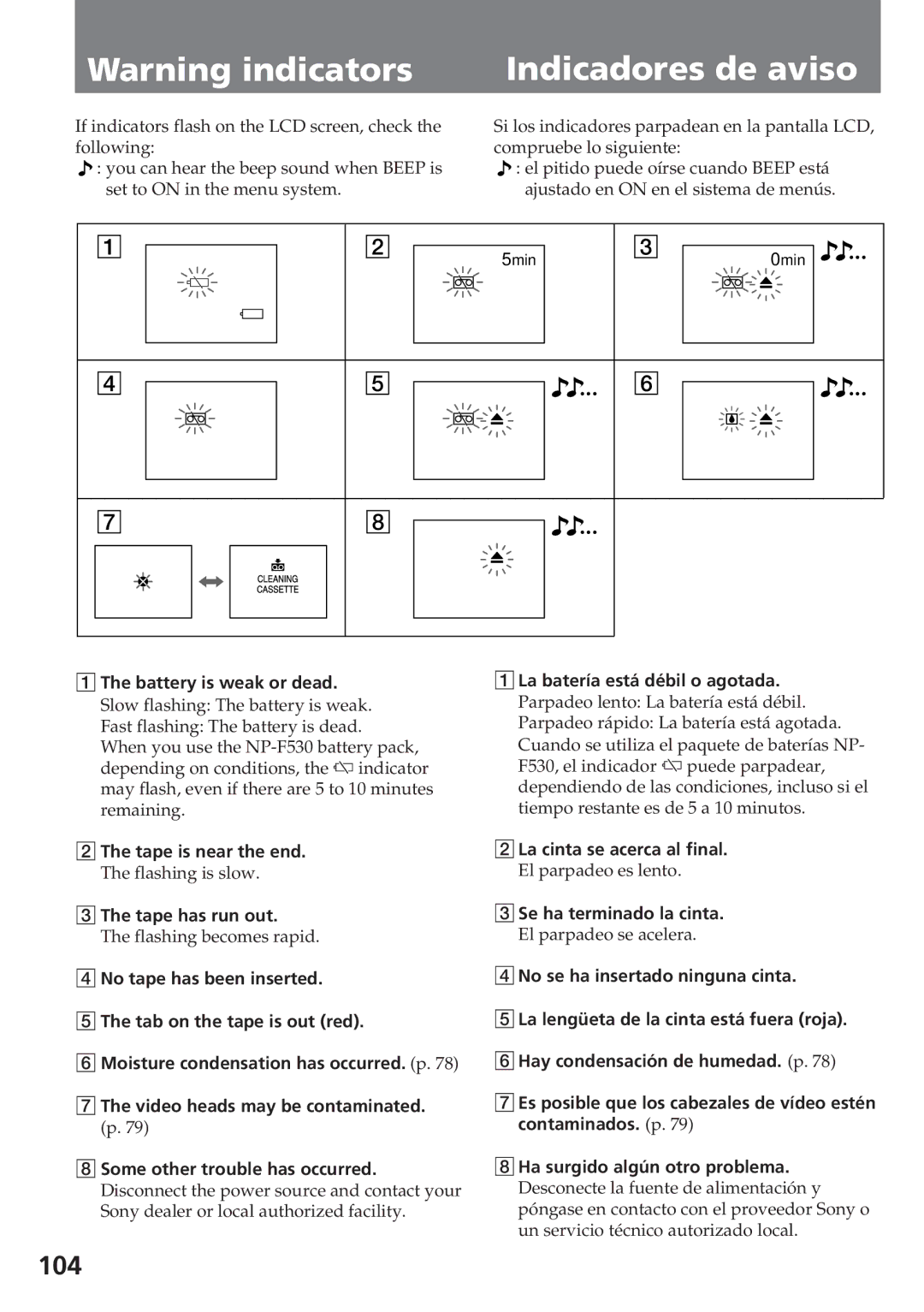 Sony CCD-SC55 operating instructions Indicadores de aviso 